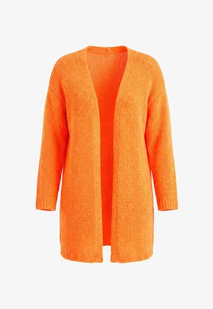 Cardigan lavorato a maglia a maniche lunghe con apertura frontale in arancione vivace, con orlo e polsini a coste, mostrato su sfondo bianco.