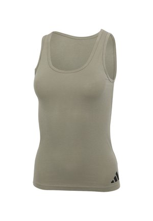 Mouwloze olijfgroene getailleerde tanktop met een ronde hals en een klein zwart Adidas-logo aan de onderrand aan de rechterkant.