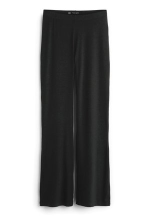 Zwarte wijde broek gemaakt van zachte stof met een elastische taille. Platte naden en geen zichtbare hardware. Eenvoudig, onverfraaid ontwerp.