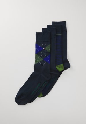 Set of four socks in various dark hues. Features include a diamond argyle pattern, stripes, and solid colors. Cotton blend material.