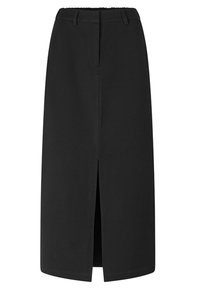 Jupe midi noire au design droit, avec une fente à l'avant, une taille élastique et une texture lisse. Indispensable classique de la garde-robe.