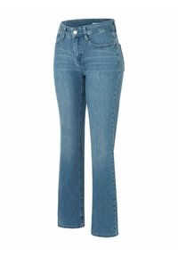 Helle blaue Jeans mit geradem Schnitt aus Denim. Verfügt über eine mittelhohe Taille, fünf Taschen und dezente Nähte auf der Rückseite.