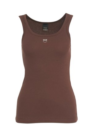 Canotta marrone senza maniche a coste con scollo rotondo e piccolo logo argentato centrato sotto il colletto, etichetta del marchio all'interno del colletto con la scritta Pinko.