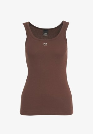 Canotta marrone senza maniche a coste con scollo rotondo e piccolo logo argentato centrato sotto il colletto, etichetta del marchio all'interno del colletto con la scritta Pinko.