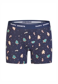 Tmavě modré boxerky s bílými puntíky, zdobené perníčky, cukrovými hůlkami a vánočními stromečky v zářivých barvách. V pase natištěn nápis "HAPPY SHORTS".