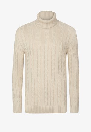 Leicht beige Strickpullover mit Rollkragen, ausgestattet mit gerippten Bündchen und Saum. Hergestellt aus weichem, strukturiertem Material mit einer gemütlichen Passform.