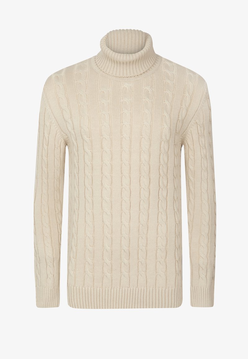 Leicht beige Strickpullover mit Rollkragen, ausgestattet mit gerippten Bündchen und Saum. Hergestellt aus weichem, strukturiertem Material mit einer gemütlichen Passform.