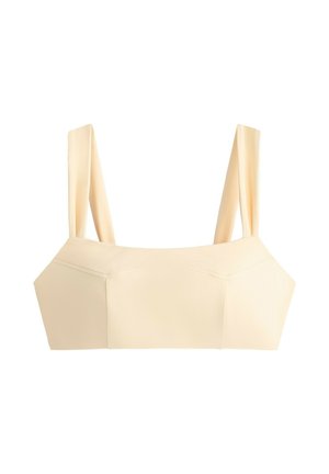 Beige cropped tanktop met brede schouderbanden en een rechte halslijn, gemaakt van gladde stof.
