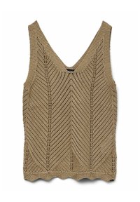 Top de punto beige sin mangas con cuello en V, patrón en zigzag, tejido texturizado y dobladillo en forma de concha. Diseño ligero y transpirable.