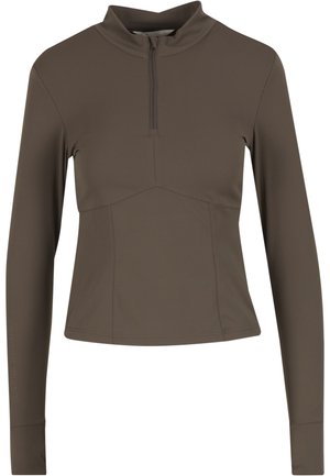 Pika süsimust sportlik ülikond, millel on kõrge kaelus ja osaline tõmblukk, rõhutades figuuri ja sellel on peen tekstuuriline muster.