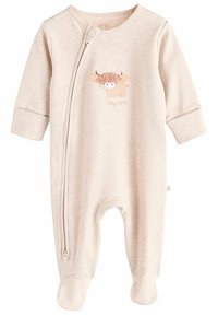 Body neonato beige chiaro realizzato in tessuto morbido, con zip frontale e un design ricamato di una mucca con il testo "little moo". Stile coprenti per i piedi.