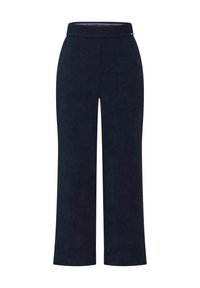 Marine blauwe wijde broek met een gladde, gestructureerde stof; heeft een platte tailleband en valt recht naar de zoom. Geen zichtbare zakken of accenten.
