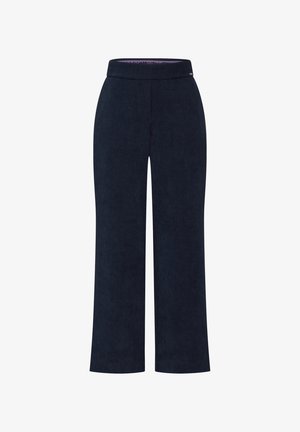 Pantalons larges bleu marine en tissu lisse et texturé ; dotés d'une taille plate et tombant droit jusqu'à l'ourlet. Pas de poches ou d'accents visibles.