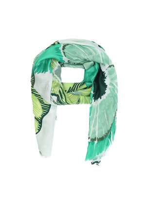 Sciarpa verde e bianca con un motivo botanico che presenta foglie in diverse tonalità di verde. Tessuto leggero con una consistenza morbida.
