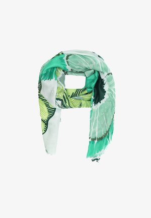 Sciarpa verde e bianca con un motivo botanico che presenta foglie in diverse tonalità di verde. Tessuto leggero con una consistenza morbida.