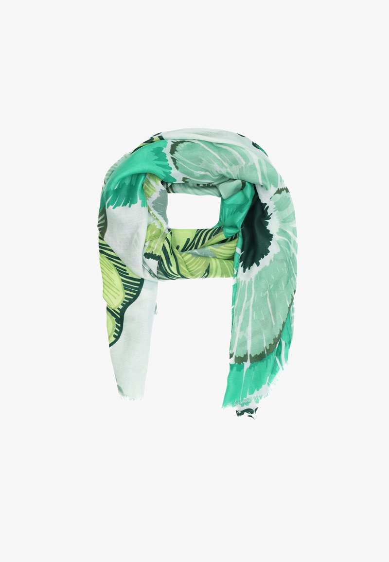 Sciarpa verde e bianca con un motivo botanico che presenta foglie in diverse tonalità di verde. Tessuto leggero con una consistenza morbida.