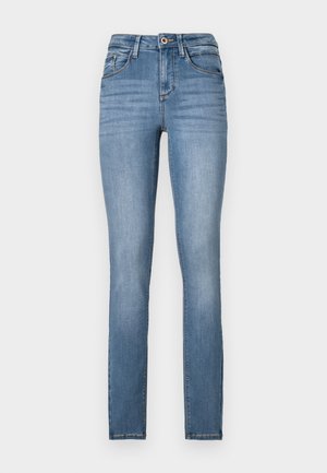 Jean skinny en denim bleu clair avec taille haute, cinq poches, décoloration subtile et détails de couture contrastants.