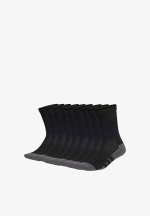 Ten pairs of black crew socks with gray toes and heels arranged in a row on a white background.