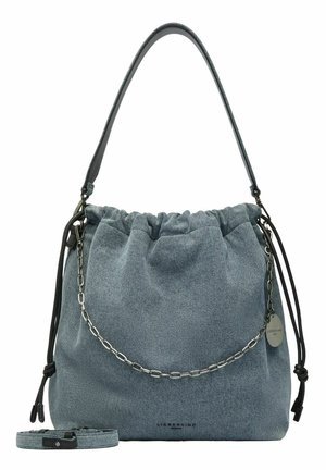 Szara torba typu bucket z denimu z górnym zamknięciem na sznurek, srebrnym łańcuszkiem, skórzanym paskiem na ramię oraz odpinanym paskiem na ramię z denimu.