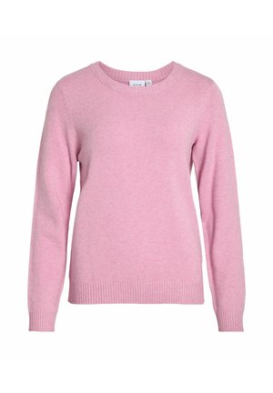 Gaiši rozā adīts džemperis ar apaļu izgriezumu un garām piedurknēm. Raksturīgas ribotas aproces un apakšmala, izgatavots no mīksta, teksturēta materiāla.