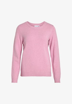Light pink knitted sweater with a round neckline and long sleeves. Features ribbed cuffs and hem, made from a soft, textured material.