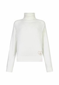 Maglione a collo alto bianco con una vestibilità morbida, polsini e orlo a coste. Presenta un piccolo ricamo a forma di cuore rosa nell'angolo in basso a sinistra.