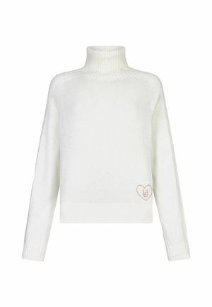 Maglione a collo alto bianco con una vestibilità morbida, polsini e orlo a coste. Presenta un piccolo ricamo a forma di cuore rosa nell'angolo in basso a sinistra.