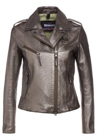 Metalen bronzen leren jack met een slanke pasvorm, ritsopening aan de voorkant, zijzakken en schouderepauletten. Binnenvoering in het groen.