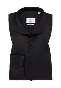 Camicia da uomo nera slim fit in tessuto morbido, con colletto a punta, chiusura frontale con bottoni e dettaglio dei polsini con doppio bottone.
