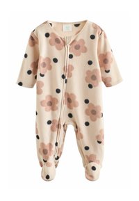 Fleece'owy kombinezon dla niemowląt w delikatnym różu, z długimi rękawami, z zamkiem błyskawicznym z przodu i kwiatowymi wzorami w beżu oraz czarnych kropkach. Zawiera stopy.