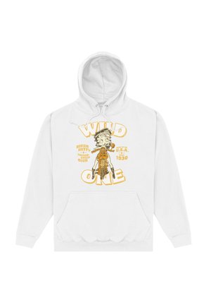 Biała bluza z kapturem z nadrukiem graficznym postaci na motocyklu, z napisem "WILD ONE" oraz "BIKER BETTY MOTORCYCLE CLUB" w żółtym kolorze.