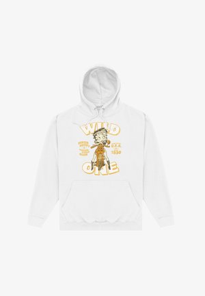 Biała bluza z kapturem z nadrukiem graficznym postaci na motocyklu, z napisem "WILD ONE" oraz "BIKER BETTY MOTORCYCLE CLUB" w żółtym kolorze.