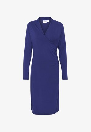 Robe portefeuille bleu marine en tissu lisse. Dotée de manches longues, d'un décolleté en V et de détails froncés sur le côté. Finition midi.