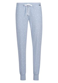 Helle blaue Schlafanzughose aus weichem Material, mit einem sich wiederholenden Muster aus Monden und Sternen in Weiß und Pink, elastischem Bund und Kordelzug.