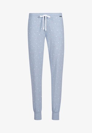 Helle blaue Schlafanzughose aus weichem Material, mit einem sich wiederholenden Muster aus Monden und Sternen in Weiß und Pink, elastischem Bund und Kordelzug.