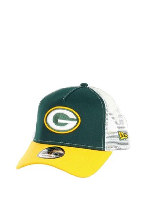 Green and yellow baseball cap with white mesh back and a "G" logo embroidered on the front panel, featuring an adjustable strap.