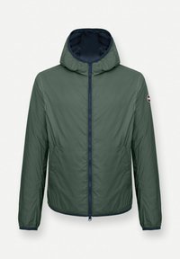 Groene lichtgewicht jas met capuchon, voorrits, elastische manchetten en een klein rond logo op de linker mouw.