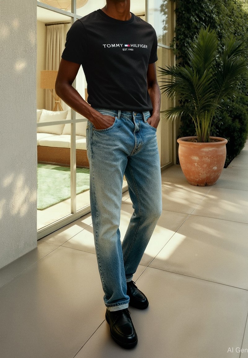 T-shirt noir en coton avec le logo "TOMMY HILFIGER", jean en denim bleu clair et chaussures en cuir noires. Debout à l'intérieur près de verdure.