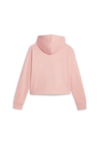 Roze cropped hoodie met een zachte textuur, lange mouwen en een capuchon. Heeft minimale stitching en een relaxte pasvorm.