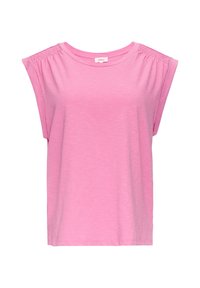 Roze top met korte mouwen en een relaxte pasvorm, met geplooide details op de schouders en een zachte, lichte stof.