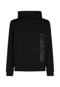 Felpa nera con cappuccio realizzata in tessuto morbido, dotata di tasca a marsupio frontale e logo "Calvin Klein" in bianco sul lato sinistro.