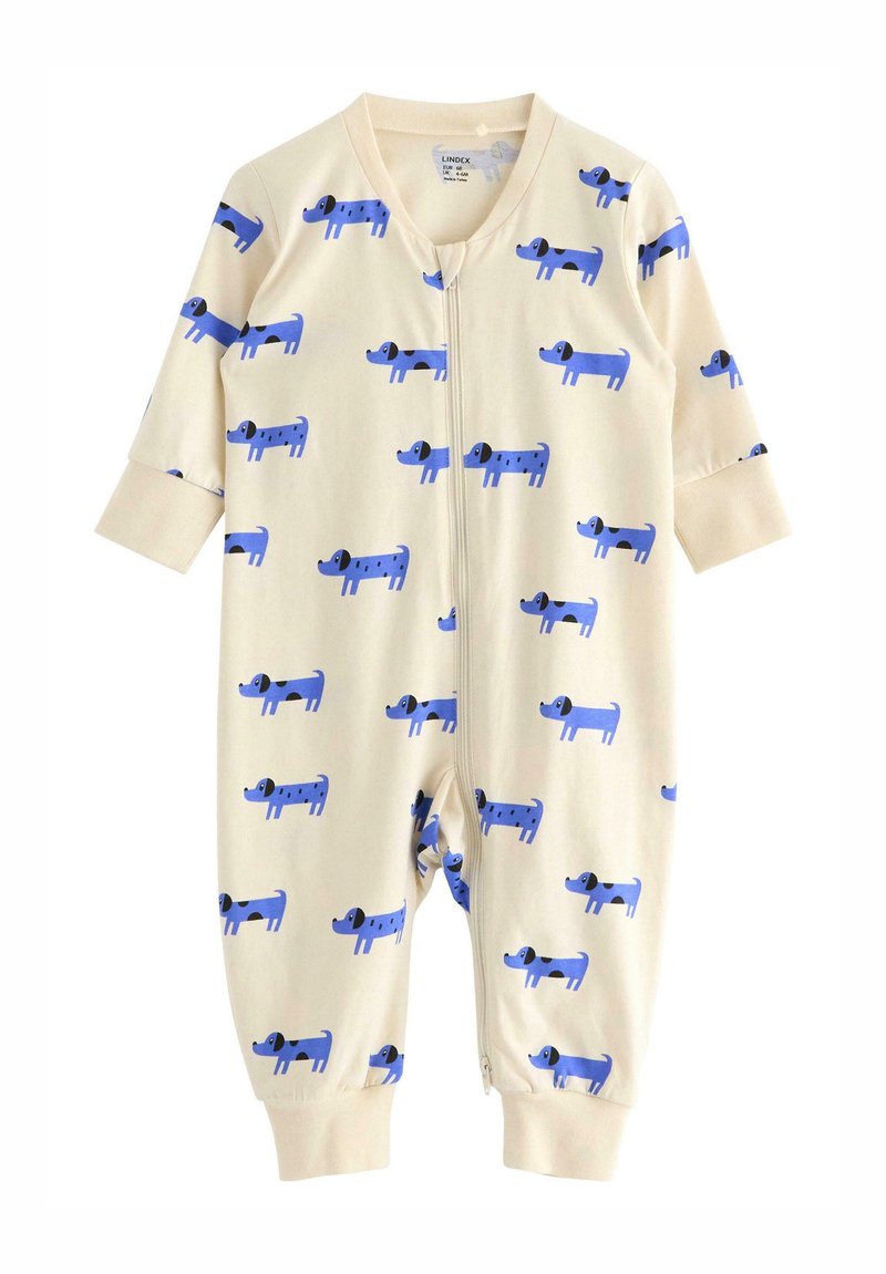 Creamkleurige zip-up baby romper met blauwe hondenpatronen. Heeft lange mouwen en elastische manchetten. Gemaakt van zachte, ademende stof.