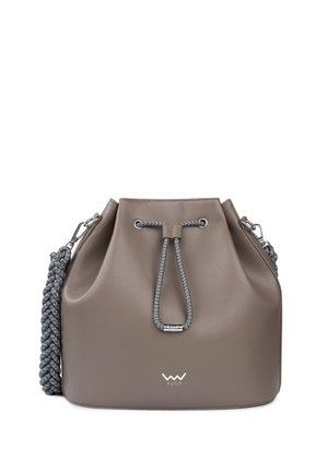 Bucket bag in a neutral taupe color, made of smooth faux leather. Features a braided gray strap and drawstring closure with silver hardware.