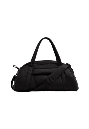 Sort polstret duffel taske med en rund form, dobbelt håndtag og justerbar skulderrem. Har en struktureret overflade og en funktionel lynlås.