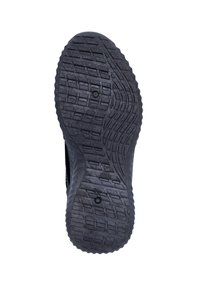 Schwarze Gummi-Schuhsohle mit strukturiertem Profil, einschließlich kreisförmiger und gewellter Rillen. Besitzt kleine kreisförmige Vertiefungen für besseren Halt.