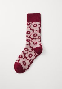 Calze bordeaux e rosa chiaro con motivo floreale; bordo a coste; texture morbida; punta e tallone rinforzati per maggiore durata.