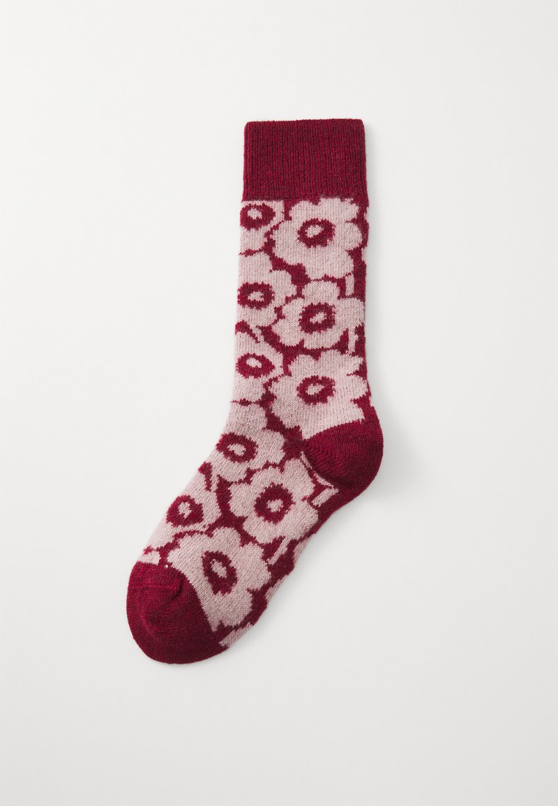 Chaussettes bordeaux et rose clair avec un motif floral ; bord-côte ; texture douce ; renforcement à la pointe et au talon pour plus de durabilité.