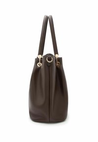 Sac seau en cuir texturé brun avec double poignée et quincaillerie dorée, doté d'une fermeture à cordon de serrage et d'une base structurée.