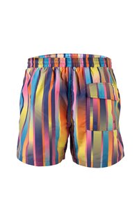 Kleurige gestreepte zwembroek met veelkleurige verticale strepen, een elastische tailleband en een zijzak. Gemaakt van lichtgewicht stof.