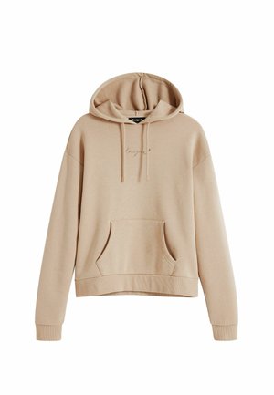 Felpa beige realizzata in morbido misto cotone, con tasca a marsupio, polsini a coste e testo ricamato sul davanti.